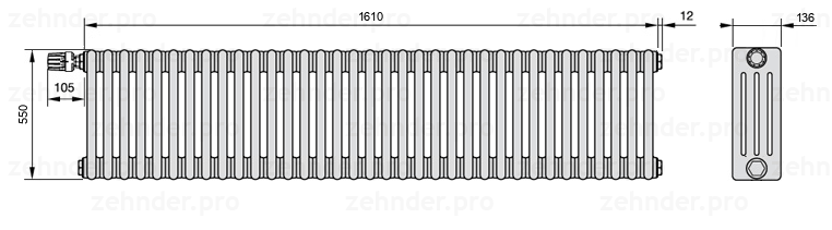 Схема (чертеж) Радиатор Zehnder Charleston 4055/35 №V011 Белый глянцевый RAL 9016